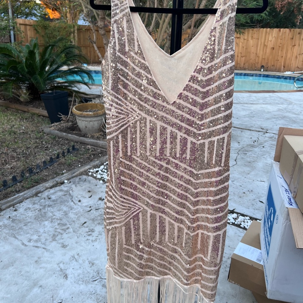 Sequin Fringe Dress in Gold and Cream